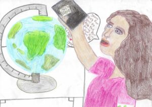 Student drawing of girl, a bible and a globe