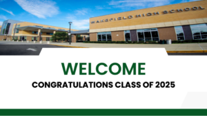Titlte page Welcome letters in green and Congratulations Class of 2025 letters and Wakefield High School in background