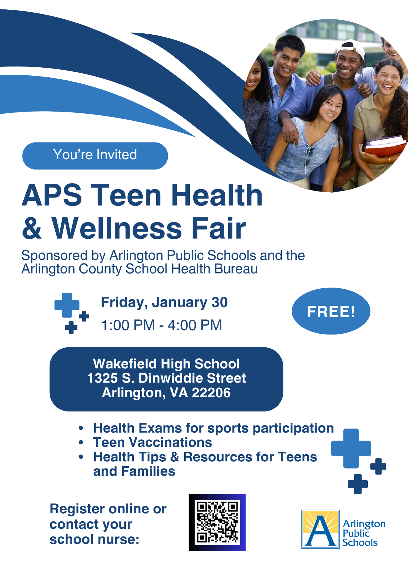 APS Free Teen Health and Wellness Clinic Event Flyer